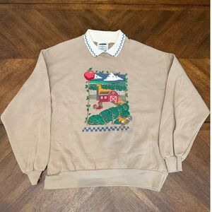 Vintage Gopher Sport Farm Barn Graphic Collared Sweatshirt Tan Made in USA L